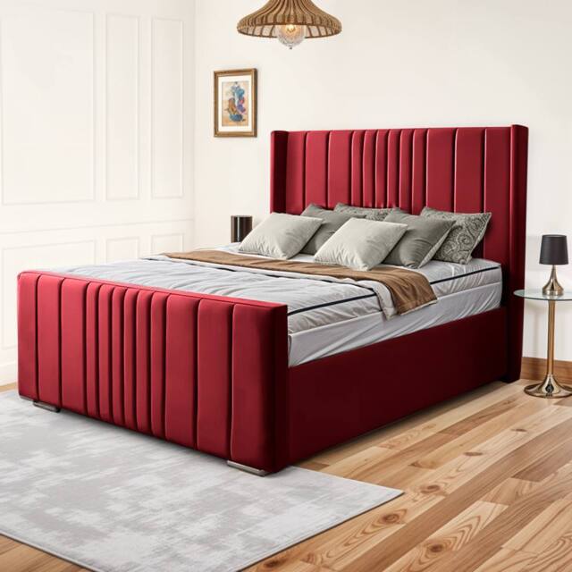 UK Bed Furniture Balmoral Wingback Upholstered Bed with 48 Inch Headboard Slatted Base in Maroon - Size: Small Double - image 1