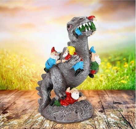 Leaper Garden Gnomes Statue Dinosaur Eating Statue in Grey - Size: Small - image 1