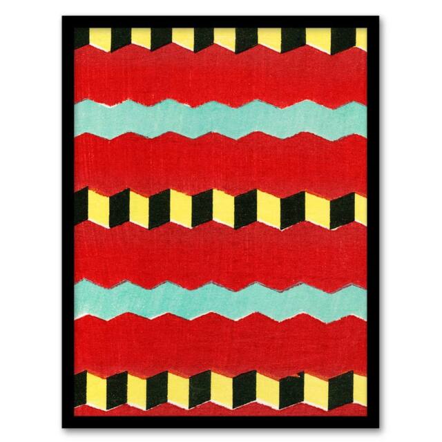 Artery8 Furuya Korin Framed Wall Art Print Shima Zigzag Textile Patterns in Red - Size: A4 - image 1