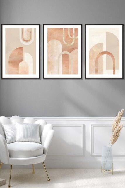 ARTZE Set of 3 Black Framed Mid Century Terracotta & Beige Arches Wall Art - Size: W45 cm x H62 cm x D20mm - image 1