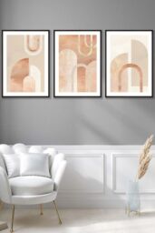 ARTZE Set of 3 Black Framed Mid Century Terracotta & Beige Arches Wall Art - Size: W45 cm x H62 cm x D20mm - thumbnail 1