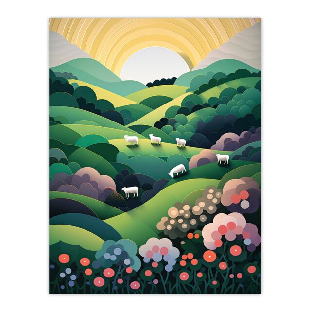 Artery8 Valley Of The Sheep Modern Digital Aesthetic Sunrise English Countryside Simple Flat Unframed Wall Art Print Poster Home Decor Premium - image 1