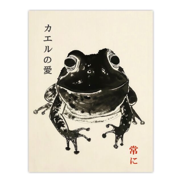 "Artery8 Wall Art Print Happy Frog Japanese Style Ink Drawing Poster in Beige - Size: W24"" x H32""" - image 1