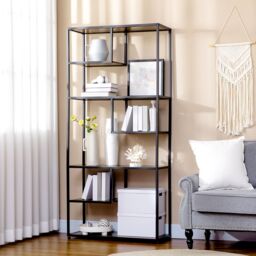 HOMCOM Industrial Ladder Shelf 7 Tier Bookshelf Display Rack for Living Room in Brown - thumbnail 1