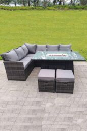 Fimous High Back Corner Rattan Sofa Gas Fire Pit Gas Heater Dining Table Sets 8 Seater 2 Small Footstools in Dark Grey - thumbnail 5