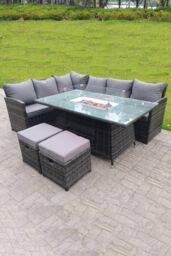 Fimous High Back Corner Rattan Sofa Gas Fire Pit Gas Heater Dining Table Sets 8 Seater 2 Small Footstools in Dark Grey - thumbnail 1