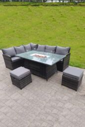 Fimous High Back Corner Rattan Sofa Gas Fire Pit Gas Heater Dining Table Sets 8 Seater 2 Small Footstools in Dark Grey - thumbnail 3