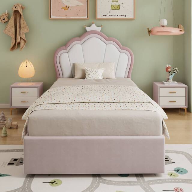 Merax 3ft Single Pink Velvet Ottoman Storage Bed With Crown Headboard - image 1