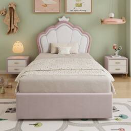 Merax 3ft Single Pink Velvet Ottoman Storage Bed With Crown Headboard - thumbnail 1