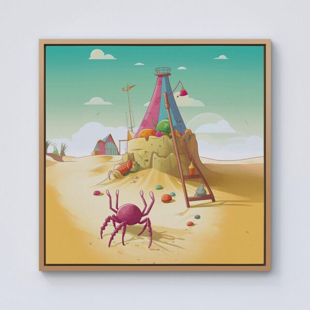 Warren Reed - Designer Crab On A Beach Holiday Framed Canvas in Light Brown - Size: w40 inch x h40 inch - image 1