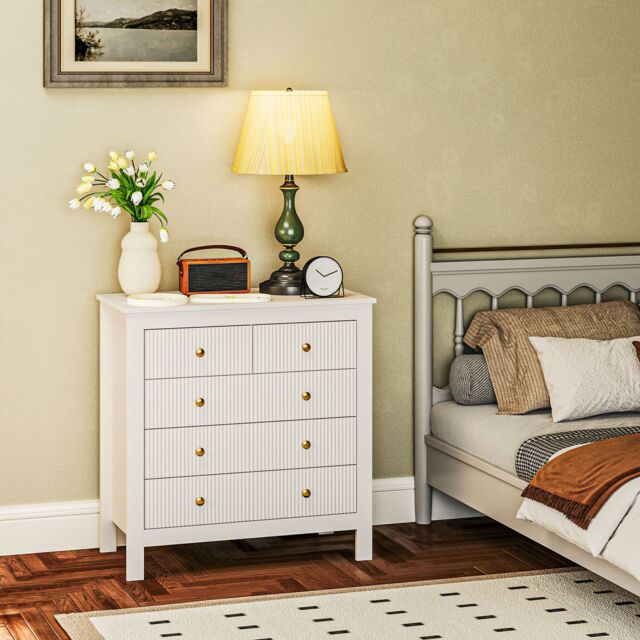 HOMCOM Fluted Bedroom Chest of Drawers w/ 5 Drawers Gold Tone Handles in White - image 1