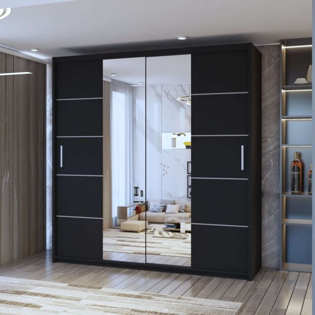 Sliding Wardrobes 4U Eden Double Mirror Sliding Door Wardrobe 180cm X 217cm in Black - Size: 180 cm X 217 cm - image 1