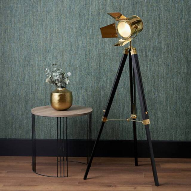 Ruma Retro Industrial Film Tripod Floor Lamp Grey Metal Wooden Base in Gold - image 1