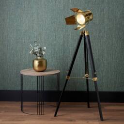 Ruma Retro Industrial Film Tripod Floor Lamp Grey Metal Wooden Base in Gold - thumbnail 1