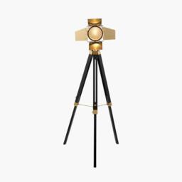 Ruma Retro Industrial Film Tripod Floor Lamp Grey Metal Wooden Base in Gold - thumbnail 2