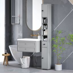 Kleankin Slim Bathroom Cabinet w/ Open Shelves & 2 Door Cupboards, Grey