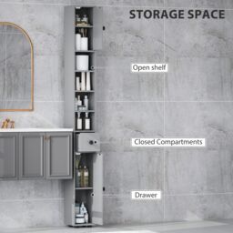 Kleankin Slim Bathroom Cabinet w/ Open Shelves & 2 Door Cupboards, Grey - thumbnail 4