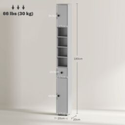 Kleankin Slim Bathroom Cabinet w/ Open Shelves & 2 Door Cupboards, Grey - thumbnail 3