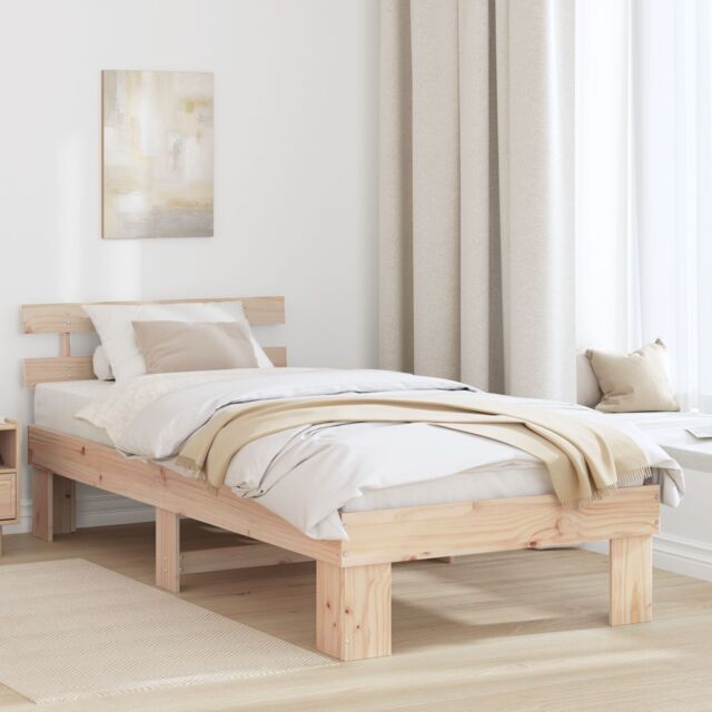 Berkfield Home Bed Frame with Headboard 100x200 cm Solid Wood Pine in Beige - image 1