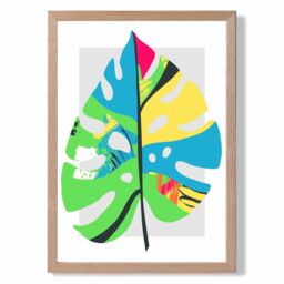 ARTZE Monstera Leaf Blue & Green Abstract Minimalist Framed Print SIZE: A3 with Oak Frame in Mid Blue - Size: A4 - thumbnail 1