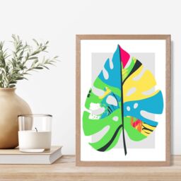 ARTZE Monstera Leaf Blue & Green Abstract Minimalist Framed Print SIZE: A3 with Oak Frame in Mid Blue - Size: A4 - thumbnail 2