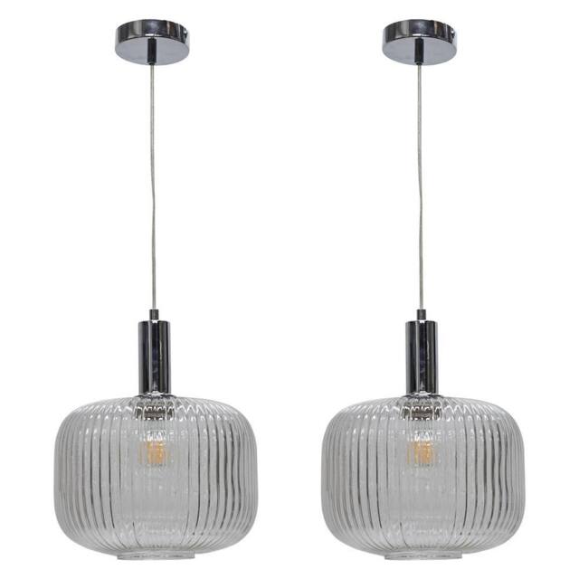 First Choice Lighting Set of 2 Batley Large - Clear Ribbed Glass Chrome Deco Pendants - image 1