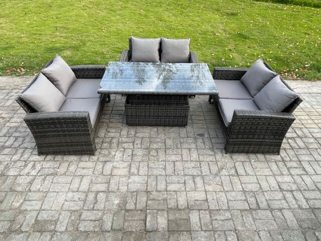 Fimous 6 Seater Rattan Wicker Garden Furniture Patio Conservatory Sofa Set with Height Adjustable Rising Lifting Table in Dark Grey - image 1