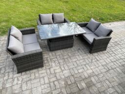 Fimous 6 Seater Rattan Wicker Garden Furniture Patio Conservatory Sofa Set with Height Adjustable Rising Lifting Table in Dark Grey - thumbnail 2