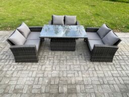 Fimous 6 Seater Rattan Wicker Garden Furniture Patio Conservatory Sofa Set with Height Adjustable Rising Lifting Table in Dark Grey - thumbnail 1
