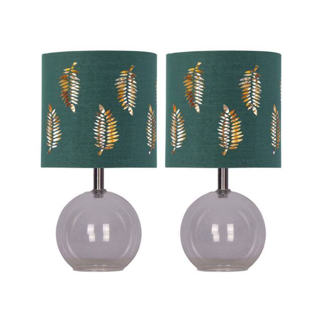 First Choice Lighting Set of 2 Buck - Clear Glass Table Lamps with Dark Green Fern Shade - image 1