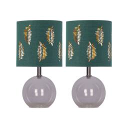 First Choice Lighting Set of 2 Buck - Clear Glass Table Lamps with Dark Green Fern Shade