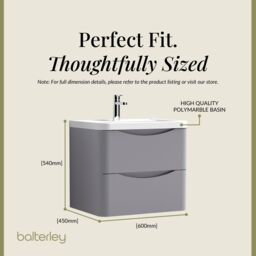 Balterley Wall Hung 2 Drawer Bathroom Vanity Unit & Basin, Satin Grey, 550mm in Grey - thumbnail 5