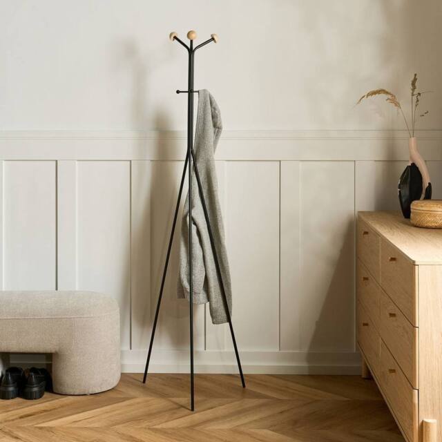 Wyld and Coco Tripod Coat Rack 176cm Black Steel with Fir Wood Accents 6 Hooks - image 1