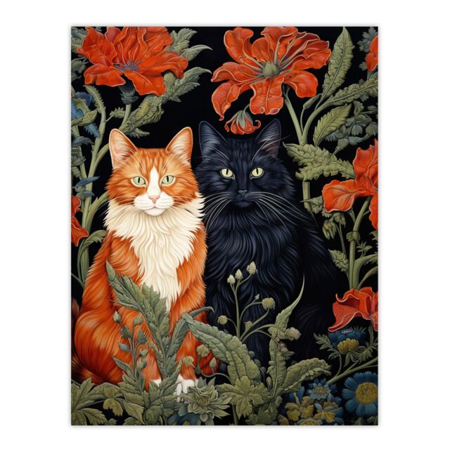 Artery8 Fluffy Ginger & Black Flower Cats Amongst The Red Floral Blooms Modern Artwork Extra Large XL Unframed Wall Art Poster Print - image 1