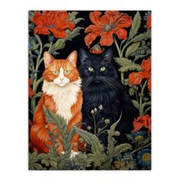 Artery8 Fluffy Ginger & Black Flower Cats Amongst The Red Floral Blooms Modern Artwork Extra Large XL Unframed Wall Art Poster Print - thumbnail 1