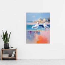 "Artery8 Wall Art Print Seagull Birds Oil Painting Pastel Colour Pink Blue Orange Coastal Landscape Bathroom Artwork Poster - Size: W18"" x H24""" - thumbnail 4