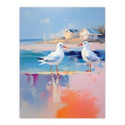 "Artery8 Wall Art Print Seagull Birds Oil Painting Pastel Colour Pink Blue Orange Coastal Landscape Bathroom Artwork Poster - Size: W18"" x H24""" - thumbnail 1