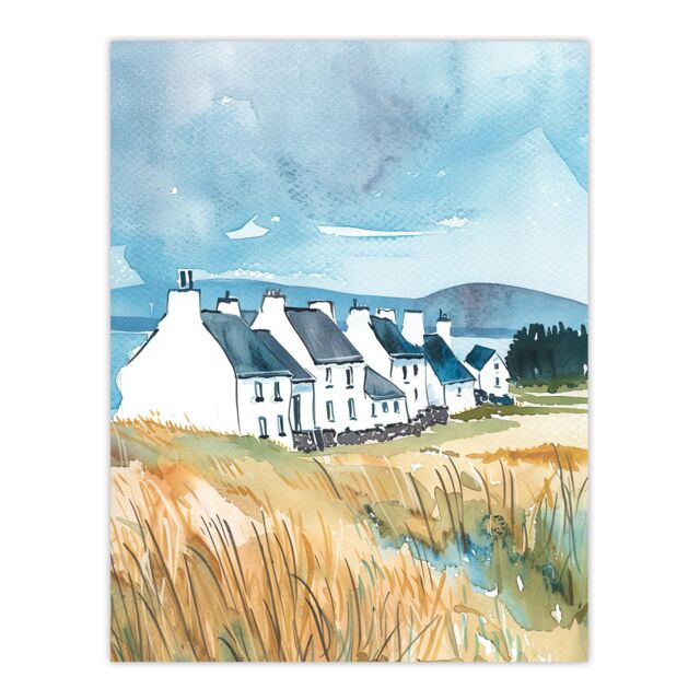 "Artery8 Isle of Jura White Fishermen Cottages Scotland Wall Art Print in Blue - Size: W24"" x H32""" - image 1