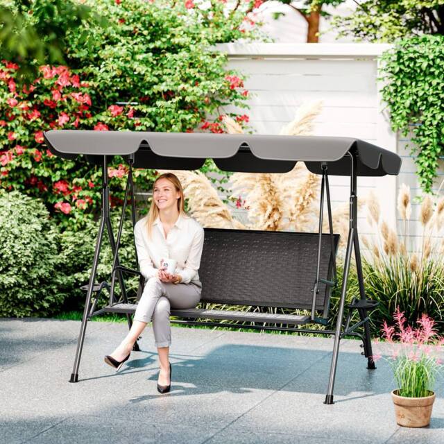 OUTSUNNY 3 Seater Garden Swing Seat Bench w/ Adjustable Canopy, Grey - image 1