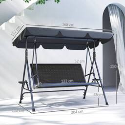 OUTSUNNY 3 Seater Garden Swing Seat Bench w/ Adjustable Canopy, Grey - thumbnail 3