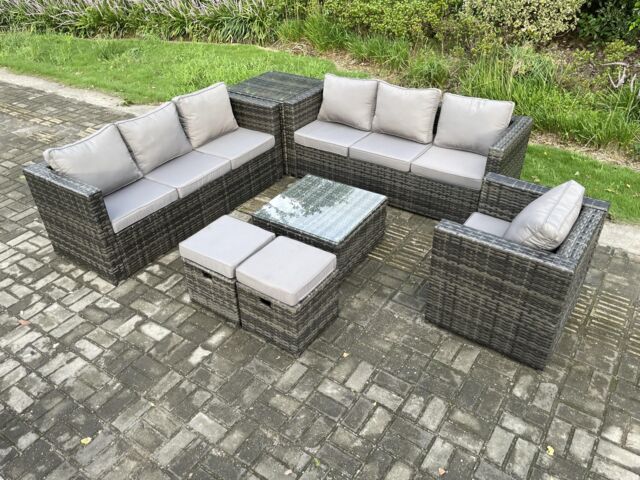 Fimous 9 Seater Rattan Garden Furniture Sofa Set with Armchair Side Table Square Coffee Table 2 Small Footstools Indoor in Dark Grey - image 1