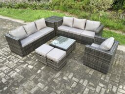 Fimous 9 Seater Rattan Garden Furniture Sofa Set with Armchair Side Table Square Coffee Table 2 Small Footstools Indoor in Dark Grey - thumbnail 2