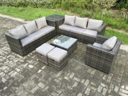 Fimous 9 Seater Rattan Garden Furniture Sofa Set with Armchair Side Table Square Coffee Table 2 Small Footstools Indoor in Dark Grey - thumbnail 1