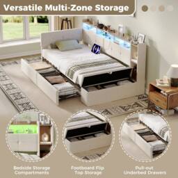 Matteo Modern Linen Single LED Daybed with Storage & Charging Station in Beige - thumbnail 6