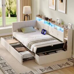 Matteo Modern Linen Single LED Daybed with Storage & Charging Station in Beige - thumbnail 3
