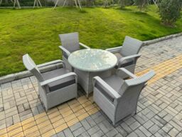 Fimous Rattan Furniture Set with 1 Big Round Coffee Table & 4 Seater Chairs in Light Grey - thumbnail 1