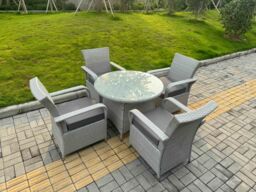 Fimous Rattan Furniture Set with 1 Big Round Coffee Table & 4 Seater Chairs in Light Grey - thumbnail 2