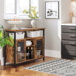 VASAGLE Industrial Sideboard Buffet 2 Glass Doors TV Cabinet Adjustable in Brown - thumbnail 4
