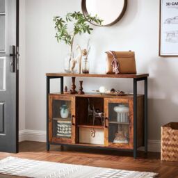 VASAGLE Industrial Sideboard Buffet 2 Glass Doors TV Cabinet Adjustable in Brown - thumbnail 1