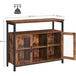 VASAGLE Industrial Sideboard Buffet 2 Glass Doors TV Cabinet Adjustable in Brown - thumbnail 3